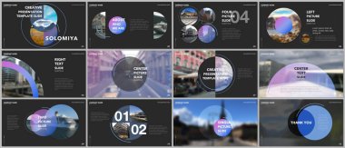 En az sunumlar tasarım, Portföy vektör şablonları daire öğeleri üzerinde siyah arka plan ile. Sunuyu slayt, el ilanı broşür, broşür kapak, rapor, reklam için çok amaçlı şablon