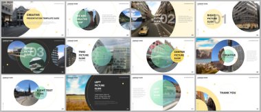 En az sunumlar tasarım, Portföy vektör şablonları daire öğeleri üzerinde beyaz arka plan ile. Sunuyu slayt, el ilanı broşür, broşür kapak, rapor, pazarlama için çok amaçlı şablon.