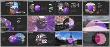 En az sunumlar tasarım, Portföy vektör şablonları daire öğeleri üzerinde siyah arka plan ile. Sunuyu slayt, el ilanı broşür, broşür kapak, rapor, reklam için çok amaçlı şablon.