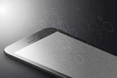 Artar reality pazarlama kavramı. Siyah renk altıgen yanarak bahislerin doğru çizgiler ve noktalar ile akıllı telefon. Altıgen Infographic. AR uygulama arka plan. 3D vektör çizim.