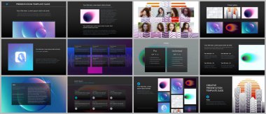 En az sunular, renkli gradyan bulanıklaştırma ve geometrik arka planlar ile portföy şablonlar. Broşür kapak vektör tasarımı. El ilanı, broşür, broşür, rapor, reklam sunma kaymak.