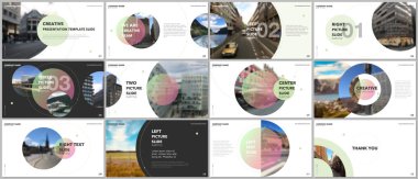 En az sunumlar tasarım, Portföy vektör şablonları daire öğeleri üzerinde beyaz arka plan ile. Sunuyu slayt, el ilanı broşür, broşür kapak, rapor, pazarlama için çok amaçlı şablon.