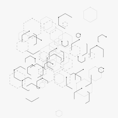 Soyut vektör çizim altıgenler, çizgiler ve noktalar beyaz arka plan ile. Altıgen Infographic. Dijital teknoloji, bilim veya tıbbi kavramı. Altıgen geometrik vektör arka plan.