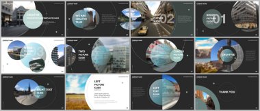 En az sunumlar tasarım, Portföy vektör şablonları daire öğeleri üzerinde siyah arka plan ile. Sunuyu slayt, el ilanı broşür, broşür kapak, rapor, reklam için çok amaçlı şablon.