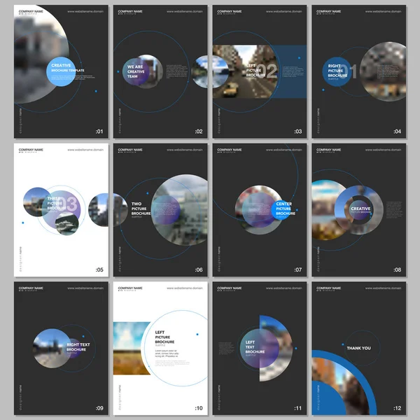 Siyah arka plan üzerine daire elemanları ile çok az broşür şablonları. El ilanı, broşür, broşür, rapor, tanıtım, reklam için şablonlar.