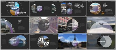 En az sunumlar tasarım, Portföy vektör şablonları daire öğeleri üzerinde siyah arka plan ile. Sunuyu slayt, el ilanı broşür, broşür kapak, rapor, reklam için çok amaçlı şablon.