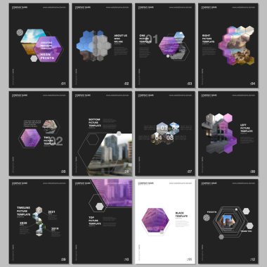 Altıgenler ve siyah arka plan üzerine altıgen elemanları en az broşür şablonları. Tasarım şablonları için el ilanı, broşür, broşür, rapor, tanıtım, reklam, dergi kapakları.