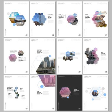 Altıgenler ve beyaz zemin üzerine altıgen elemanları en az broşür şablonları. Tasarım şablonları için el ilanı, broşür, broşür, rapor, tanıtım, reklam, dergi kapakları.