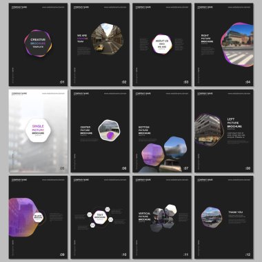 Altıgenler ve siyah arka plan üzerine altıgen elemanları en az broşür şablonları. Tasarım şablonları için el ilanı, broşür, broşür, rapor, tanıtım, reklam, dergi kapakları.