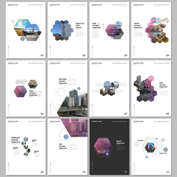 Мінімальні шаблони брошур з гексагонами та гексагональними елементами на білому тлі. Обкладинки шаблонів дизайну для флаєрів, листівок, брошур, звітів, презентацій, реклами, журналу . — стоковий вектор