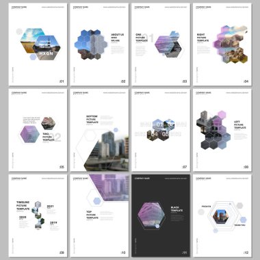 Altıgenler ve beyaz zemin üzerine altıgen elemanları en az broşür şablonları. Tasarım şablonları için el ilanı, broşür, broşür, rapor, tanıtım, reklam, dergi kapakları.