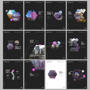 Altıgenler ve siyah arka plan üzerine altıgen elemanları en az broşür şablonları. Tasarım şablonları için el ilanı, broşür, broşür, rapor, tanıtım, reklam, dergi kapakları.