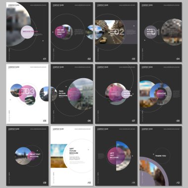 Siyah arka plan üzerine daire elemanları ile çok az broşür şablonları. El ilanı, broşür, broşür, rapor, tanıtım, reklam için şablonlar.