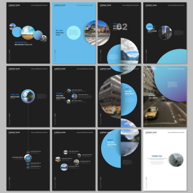 En az broşür şablonları ile renkli gradyan şekilleri, daireler, öğeleri siyah arka plan üzerinde yuvarlak. Tasarım şablonları için el ilanı, broşür, broşür, rapor, tanıtım, reklam, dergi kapakları