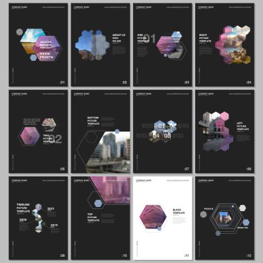 Altıgenler ve siyah arka plan üzerine altıgen elemanları en az broşür şablonları. Tasarım şablonları için el ilanı, broşür, broşür, rapor, tanıtım, reklam, dergi kapakları.