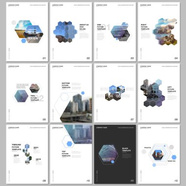 Altıgenler ve beyaz zemin üzerine altıgen elemanları en az broşür şablonları. Tasarım şablonları için el ilanı, broşür, broşür, rapor, tanıtım, reklam, dergi kapakları.