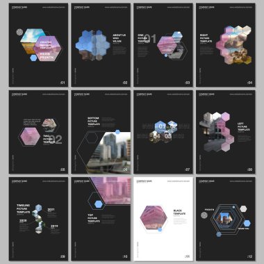 Altıgenler ve siyah arka plan üzerine altıgen elemanları en az broşür şablonları. Tasarım şablonları için el ilanı, broşür, broşür, rapor, tanıtım, reklam, dergi kapakları.