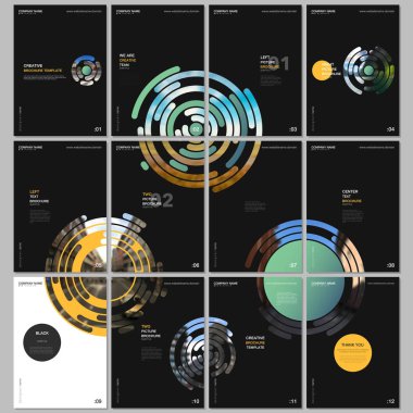 En az broşür şablonları ile yeşil renkli daire elemanları, yuvarlak şekiller siyah arka plan üzerine. Tasarım şablonları için el ilanı, broşür, broşür, rapor, tanıtım, reklam, dergi kapakları.