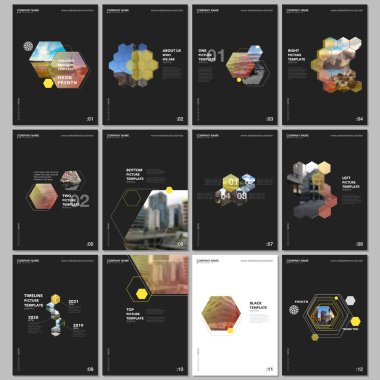 Altıgenler ve siyah arka plan üzerine altıgen elemanları en az broşür şablonları. Tasarım şablonları için el ilanı, broşür, broşür, rapor, tanıtım, reklam, dergi kapakları.