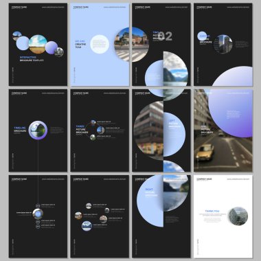 En az broşür şablonları ile renkli gradyan şekilleri, daireler, öğeleri siyah arka plan üzerinde yuvarlak. Tasarım şablonları için el ilanı, broşür, broşür, rapor, tanıtım, reklam, dergi kapakları