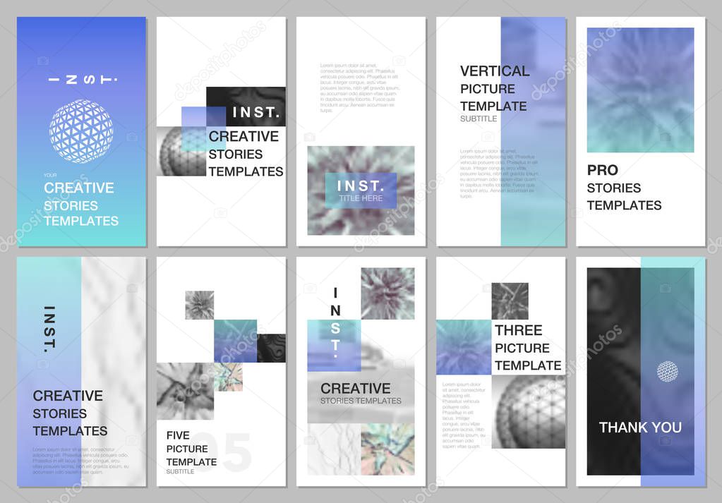 Creative social networks stories design, vertical banner or flyer templates with colorful gradient backgrounds. Covers design templates for flyer, leaflet, brochure, presentation, advertising.
