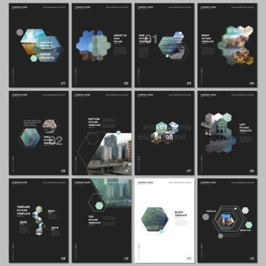 Altıgenler ve siyah arka plan üzerine altıgen elemanları en az broşür şablonları. Tasarım şablonları için el ilanı, broşür, broşür, rapor, tanıtım, reklam, dergi kapakları.