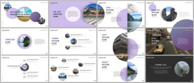 Minimal sunumlar tasarımı, beyaz arka plan üzerinde mor renkli daire elemanları ile portföy vektör şablonları. Sunum slaytı, el ilanı broşürü, broşür kapağı, rapor için çok amaçlı şablon.