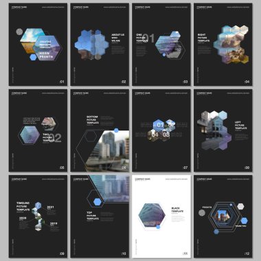 Altıgenler ve siyah arka plan üzerine altıgen elemanları en az broşür şablonları. Tasarım şablonları için el ilanı, broşür, broşür, rapor, tanıtım, reklam, dergi kapakları.