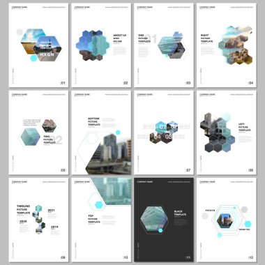 Altıgenler ve beyaz zemin üzerine altıgen elemanları en az broşür şablonları. Tasarım şablonları için el ilanı, broşür, broşür, rapor, tanıtım, reklam, dergi kapakları.