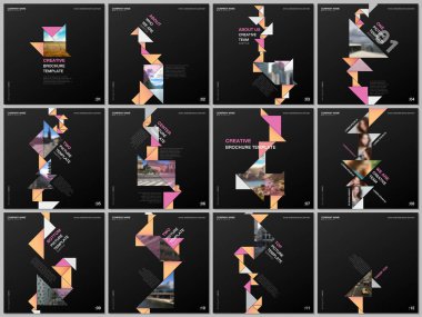 Üçgenleri, üçgen şekilleri ve çokgenleri olan minimal broşürler. Kare broşür, broşür, broşür, rapor, sunum, blog, reklam ve dergi için kapak tasarımı şablonları.