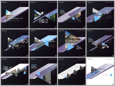 Renkli üçgenleri ve üçgen şekilleri olan minimal broşür şürleri. Kare broşür, broşür, sunum, sosyal medya reklamları, online seminer, dijital eğitim için kapak tasarımı şablonları.