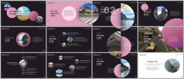 Minimal sunumlar tasarımı, siyah arka plan üzerinde renkli daire elemanları ile portföy vektör şablonları. Sunum slayt, el ilanı broşürü, broşür kapağı, rapor vb için çok amaçlı şablon.