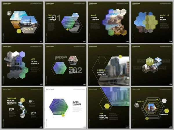 Renkli altıgenler, altıgen şekiller ile minimal broşür şablonları. Kare el ilanı, broşür, sunum, sosyal medya reklamcılığı, çevrimiçi seminer, dijital eğitim için tasarım şablonlarını kapsar.