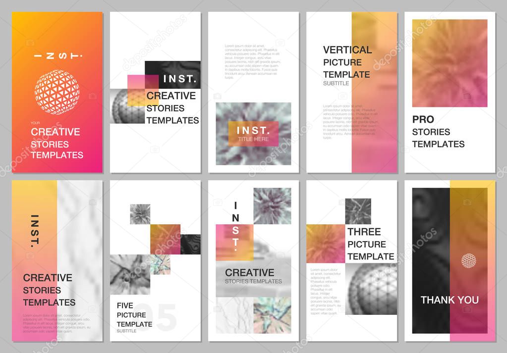 Creative social networks stories design, vertical banner or flyer templates with colorful gradient backgrounds. Covers design templates for flyer, leaflet, brochure, presentation, advertising.