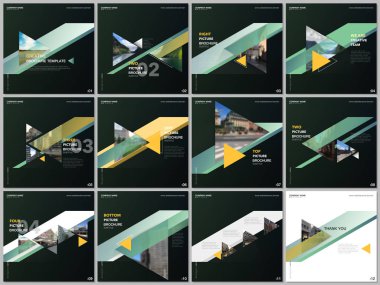 Renkli üçgenleri ve üçgen şekilleri olan minimal broşür şürleri. Kare broşür, broşür, sunum, sosyal medya reklamları, online seminer, dijital eğitim için kapak tasarımı şablonları.