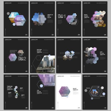 Altıgenler ve siyah arka plan üzerine altıgen elemanları en az broşür şablonları. Tasarım şablonları için el ilanı, broşür, broşür, rapor, tanıtım, reklam, dergi kapakları.