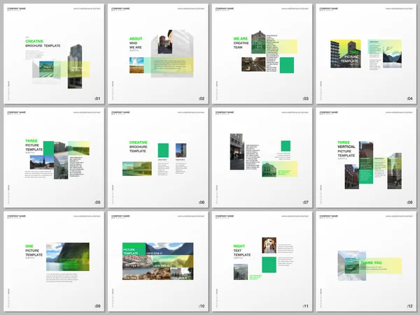 Минимальные шаблоны брошюр с зелеными цветовыми прямоугольниками, прямоугольными фигурами. Обложки дизайн шаблонов для квадратных флаеров, листовки, брошюры, отчет, презентация, блог, реклама, журнал для блогов . — стоковый вектор