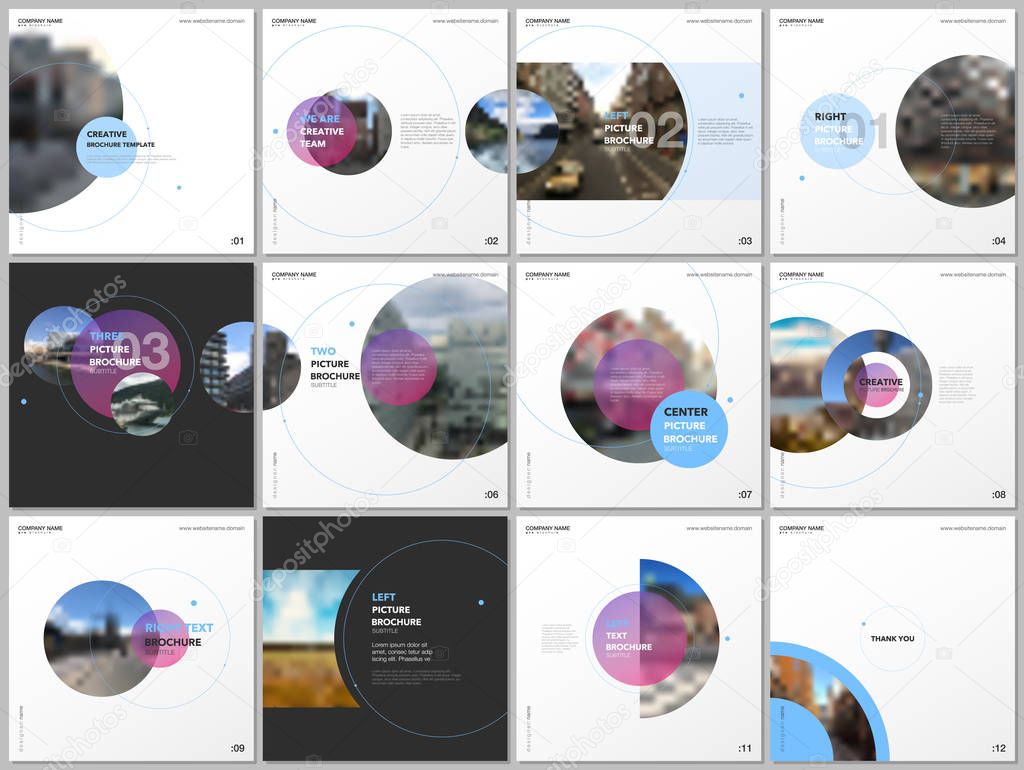 Minimal brochure templates with pink and blue color circles, round shapes. Covers design templates for square flyer, leaflet, education brochure, presentation, advertising, magazine, school project.