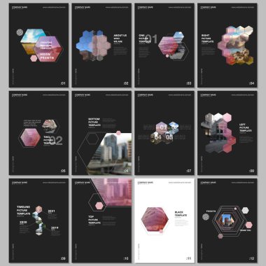 Altıgenler ve siyah arka plan üzerine altıgen elemanları en az broşür şablonları. Tasarım şablonları için el ilanı, broşür, broşür, rapor, tanıtım, reklam, dergi kapakları.