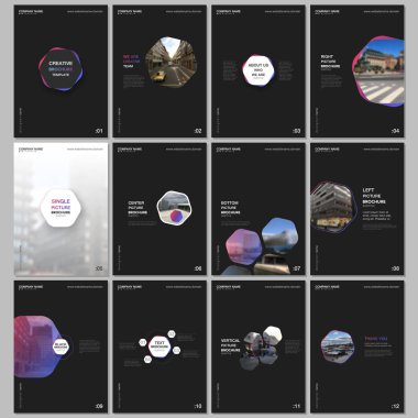 Altıgenler ve siyah arka plan üzerine altıgen elemanları en az broşür şablonları. Tasarım şablonları için el ilanı, broşür, broşür, rapor, tanıtım, reklam, dergi kapakları.