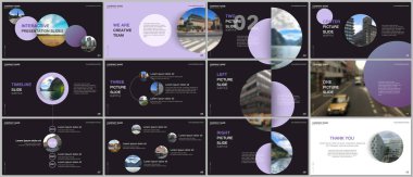 Minimal sunumlar tasarımı, siyah arka plan üzerinde mor renkli daire elemanları ile portföy vektör şablonları. Sunum slaytı, el ilanı broşürü, broşür kapağı, rapor için çok amaçlı şablon.