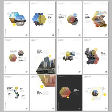 Altıgenler ve beyaz zemin üzerine altıgen elemanları en az broşür şablonları. Tasarım şablonları için el ilanı, broşür, broşür, rapor, tanıtım, reklam, dergi kapakları.