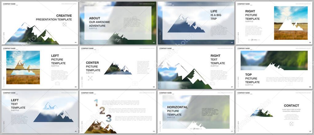 Presentations design, vector templates. Background for tourist camp, nature tourism, camping. Aadventure design concept. Multipurpose template for presentation slide, flyer leaflet, brochure cover.