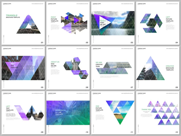 Мінімальні шаблони брошур з трикутним дизайном тла, шаблон стилю трикутника. Обкладинки шаблонів дизайну для квадратних флаєрів, листівок, брошур, звітів, презентацій, реклами, журналу . — стоковий вектор