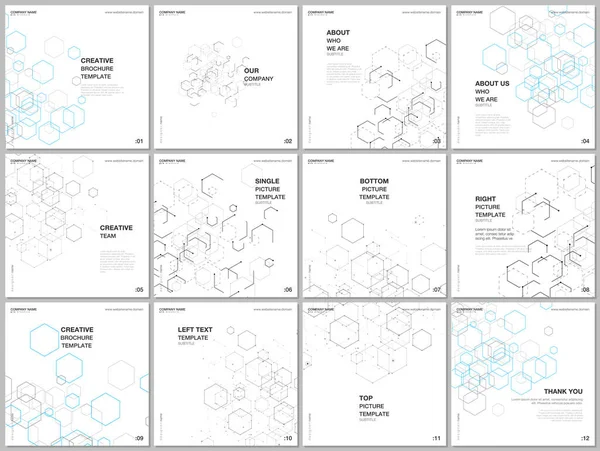 Układ broszury formatu kwadratowego obejmuje szablony projektu ulotki kwadratowej, projekt broszury, prezentację. Struktura molekuł sześciokątnych dla pojęć medycznych, technologicznych, chemicznych i naukowych. — Wektor stockowy