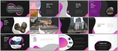 Minimal sunumlar tasarım, sıvı renkli trendy degradeler geometrik şekiller ile portföy vektör şablonları. Sunum slaytı, el ilanı broşürü, broşür kapağı, rapor için çok amaçlı şablon.