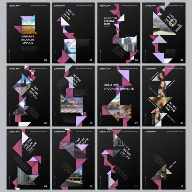 Siyah zemin üzerinde renkli üçgen origami kağıt elementleri olan yaratıcı broşürler. Broşür, broşür, broşür, rapor, sunum, reklam ve dergi için kapak tasarımı şablonları.
