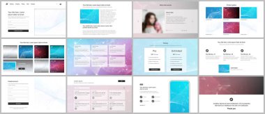 Web sitesi tasarımı, sunumlar, portföy için vektör şablonları. Sunum slaytları, broşürler, broşürler, raporlar için şablonlar. Noktaları ve çizgileri birleştiren çokgen bilim arkaplanı