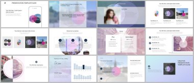 Sunum tasarım vektör şablonları, sunum slaytı için çok amaçlı şablon, broşür kapağı tasarımı ve soyut daire pankartları. Sosyal medya web pankartı. Sosyal ağ fotoğraf çerçevesi.