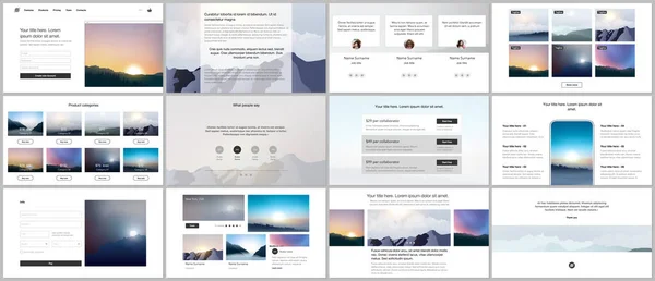 Vektormallar för webbdesign, presentationer, portfölj, presentationsbilder, broschyromslag, rapport. Dimma, soluppgång på morgonen och solnedgång på kvällen. Naturlandskap bakgrunder med berg. — Stock vektor